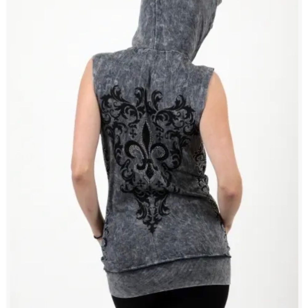 LocalBrandFleur De Lis Crystals Stones Black Hoodie Sleeveless Vest Jacket Top L